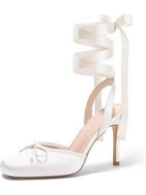 Women's White Satin Closed Square Toe Ballerina Heels Lace Up Bow Pumps Shoes